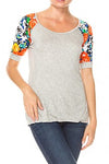 Floral pattern printed sleeve detail scoop neck top - Destination Store