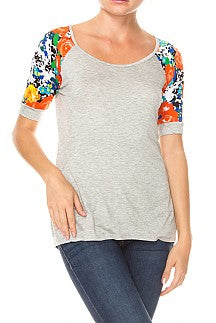 Floral pattern printed sleeve detail scoop neck top - Destination Store