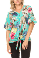 Tropical print button down front-tie top plus - Destination Store