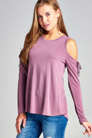 Long sleeve round neck open shoulder with  ribbon - Destination Store