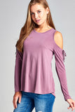 Long sleeve round neck open shoulder with  ribbon - Destination Store