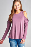 Long sleeve round neck open shoulder with  ribbon - Destination Store