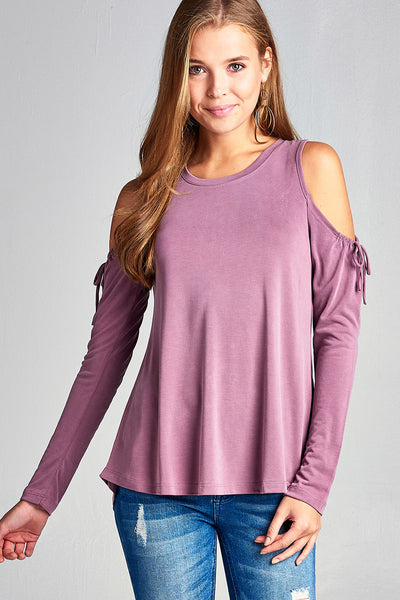 Long sleeve round neck open shoulder with  ribbon - Destination Store