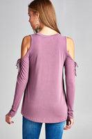 Long sleeve round neck open shoulder with  ribbon - Destination Store